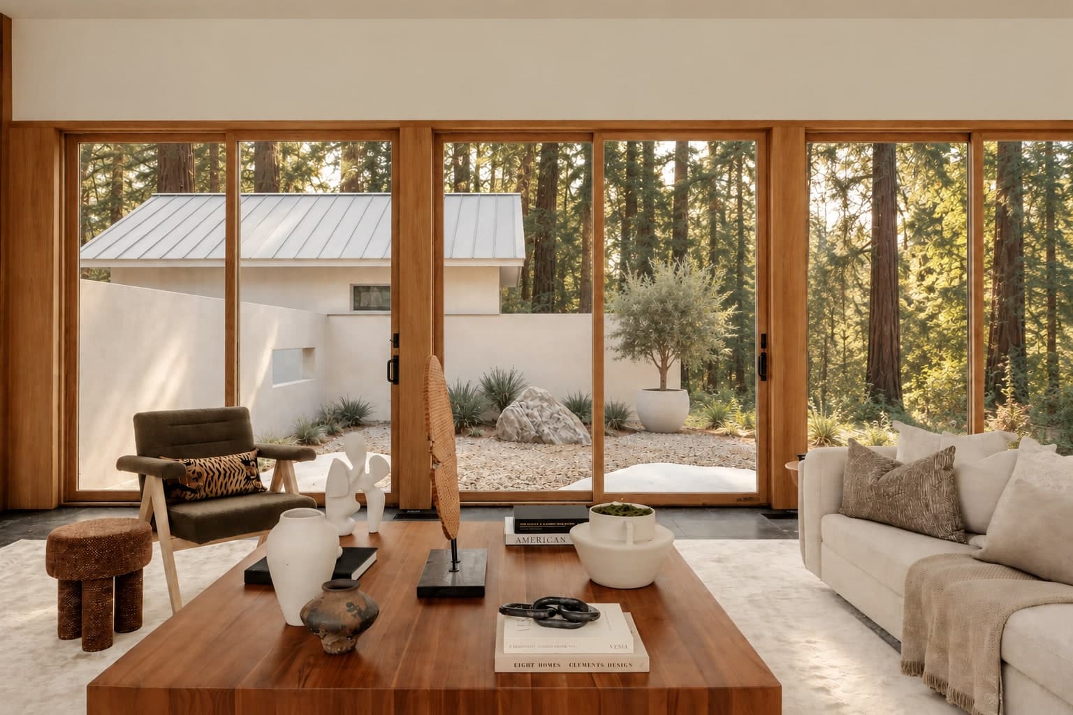 Cream living room with oak framed glass doors opening to a gravel courtyard, an olive tree, and tall redwoods in golden light
