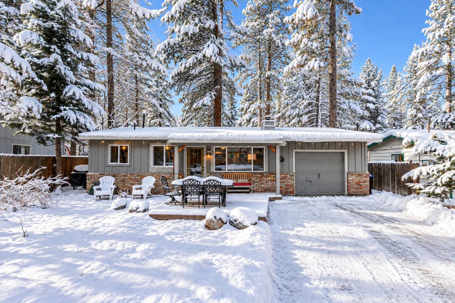 Gray single story cabin and front deck under snow covered pines